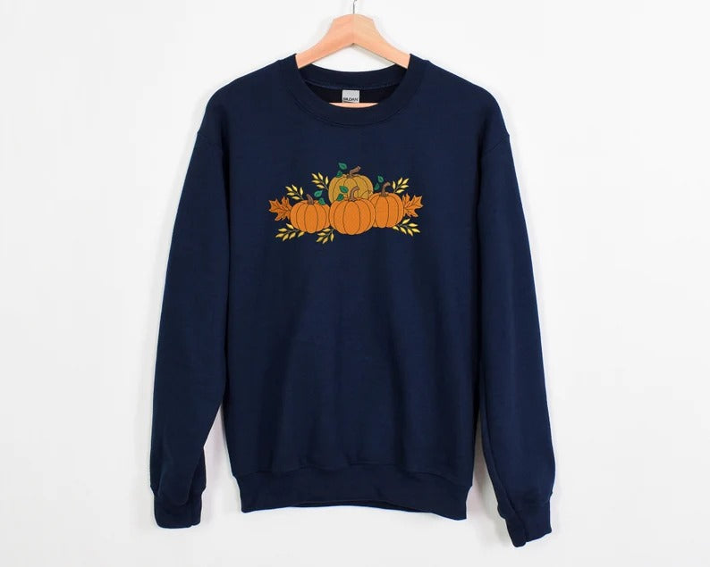 Embroidered Pumpkins Sweatshirt, Spooky Season Autumn Leaves Fall Sweater, Halloween Jumper, Thanksgiving Gift for Couple, Halloween Pumpkin