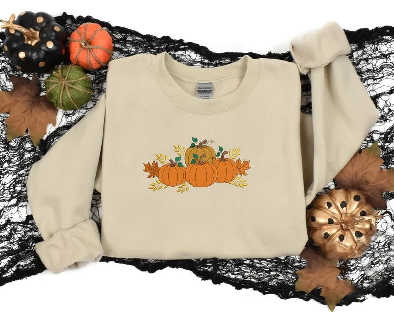 Embroidered Pumpkins Sweatshirt, Spooky Season Autumn Leaves Fall Sweater, Halloween Jumper, Thanksgiving Gift for Couple, Halloween Pumpkin