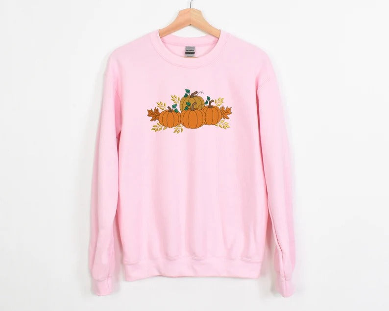 Embroidered Pumpkins Sweatshirt, Spooky Season Autumn Leaves Fall Sweater, Halloween Jumper, Thanksgiving Gift for Couple, Halloween Pumpkin