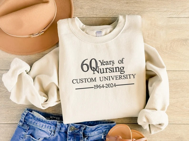 Custom Embroidered Nursing Crewneck, University Merch Nurse Appreciation Gift, Personalised Nursing Apparel, 60 College Anniversary Sweater