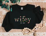 Personalized Wifey Embroidered Sweatshirt, Floral Crewneck Jumper, Wedding Day, Anniversary, Bride Gift, Custom Date Sweater Gift for Her