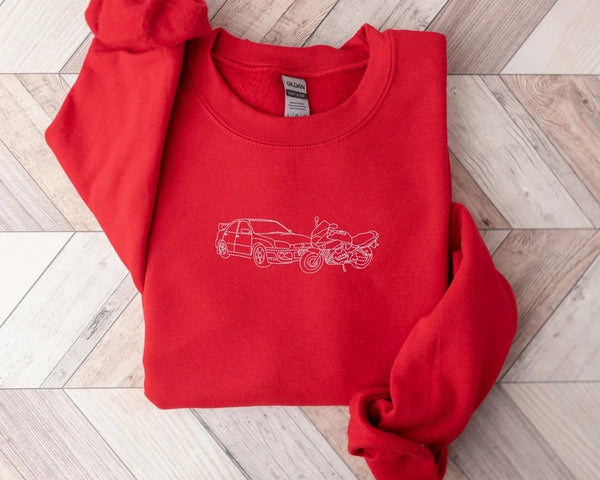 Personalised Portrait Bike Photo Sweater, Embroidered Outline Sketch Sweatshirt, Custom Motor Bike Pullover Jumper, Best Gift for Bike Lover