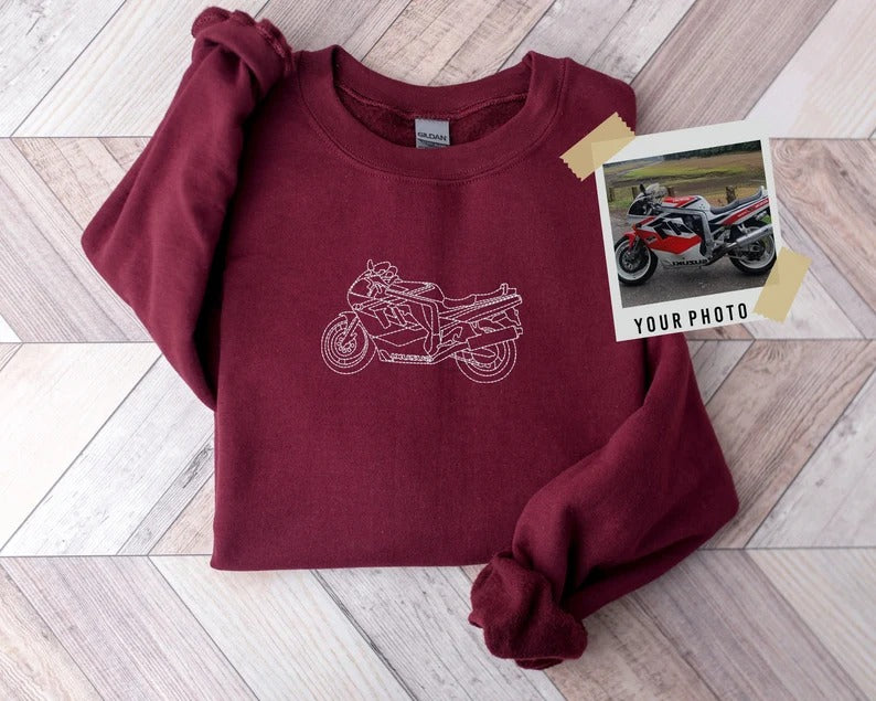 Personalised Portrait Bike Photo Sweater, Embroidered Outline Sketch Sweatshirt, Custom Motor Bike Pullover Jumper, Best Gift for Bike Lover