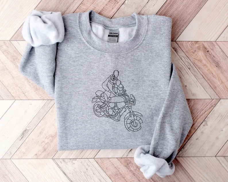 Personalised Portrait Bike Photo Sweater, Embroidered Outline Sketch Sweatshirt, Custom Motor Bike Pullover Jumper, Best Gift for Bike Lover