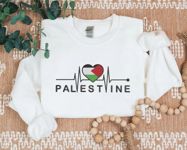 Palestine Embroidered Flag Sweatshirt, Palestine Heart Crewneck Sweater, Palestinian Heartbeat Jumper, Gaza Palestine Comfy Colors Outfits