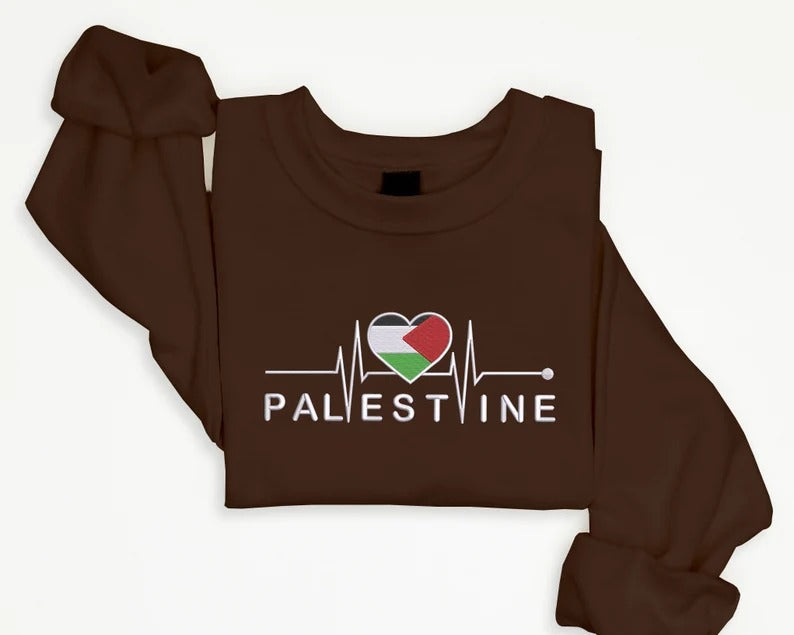 Palestine Embroidered Flag Sweatshirt, Palestine Heart Crewneck Sweater, Palestinian Heartbeat Jumper, Gaza Palestine Comfy Colors Outfits