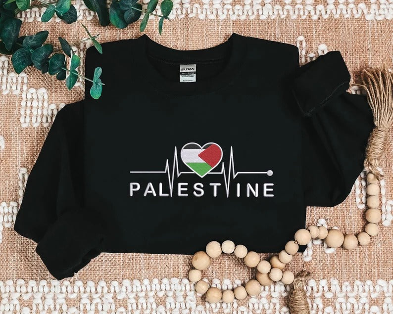 Palestine Embroidered Flag Sweatshirt, Palestine Heart Crewneck Sweater, Palestinian Heartbeat Jumper, Gaza Palestine Comfy Colors Outfits