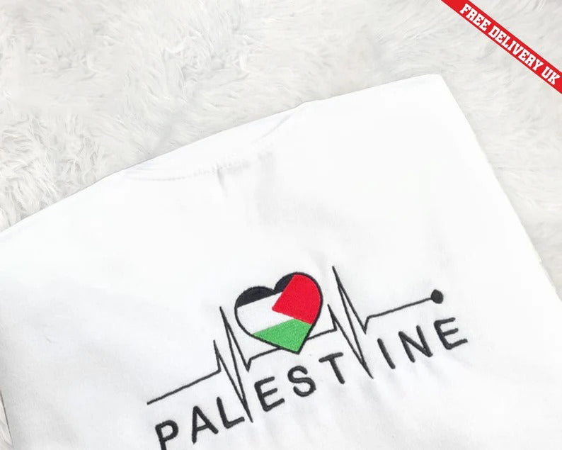 Palestine Embroidered Flag Sweatshirt, Palestine Heart Crewneck Sweater, Palestinian Heartbeat Jumper, Gaza Palestine Comfy Colors Outfits