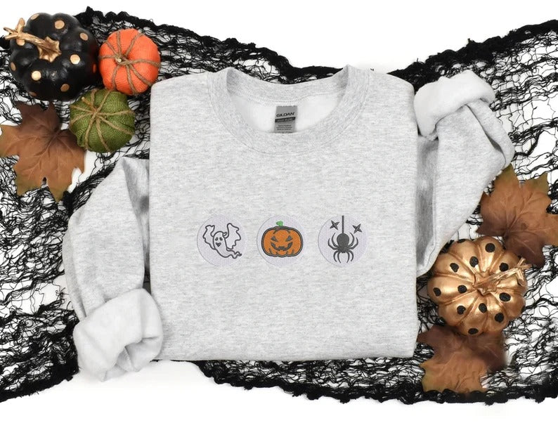 Vintage Halloween Cookies Sweater, Funny Fall Embroidered Sweatshirt, Pumpkin and Boo Ghost Crewneck Jumper, Spooky Halloween Outfit Gifts