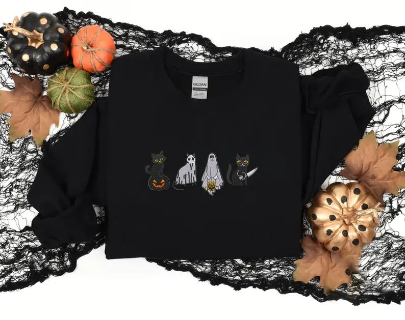 Spooky Cats Embroidered Sweatshirt, Halloween Ghost Black Cats Sweater, Vintage Fall Pumpkin Jumper, Cat Lovers Adults Halloween Outfit Gift