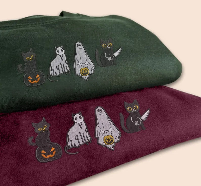 Spooky Cats Embroidered Sweatshirt, Halloween Ghost Black Cats Sweater, Vintage Fall Pumpkin Jumper, Cat Lovers Adults Halloween Outfit Gift