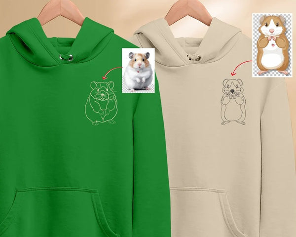 Custom Hamster Photo Portrait Hoodie, Embroidered Horse Outline Sketch Hoodie, Cute Pet Mom Hooded Sweater, Unique Hamster Lovers Gifts