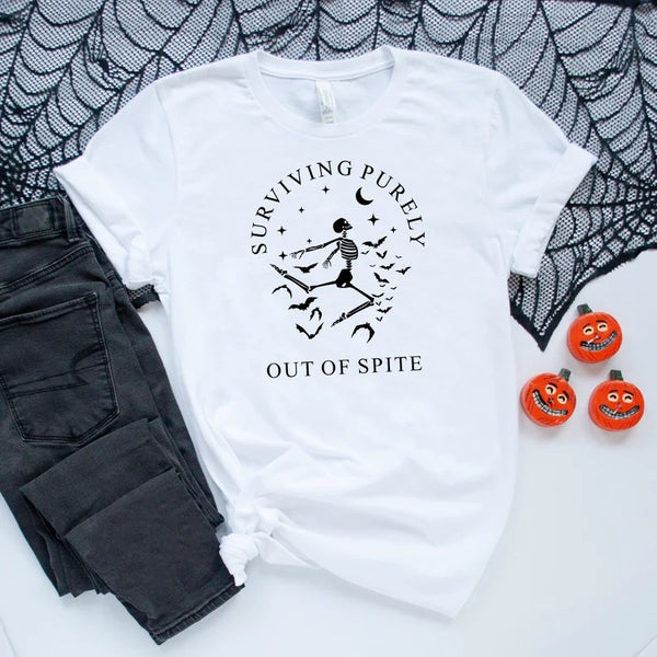 Surviving Purely Out Of Spite Halloween Shirt, Funny Dancing Skeleton Printed T Shirt, Halloween Bats Gothic Tees, Family Matching Outfits