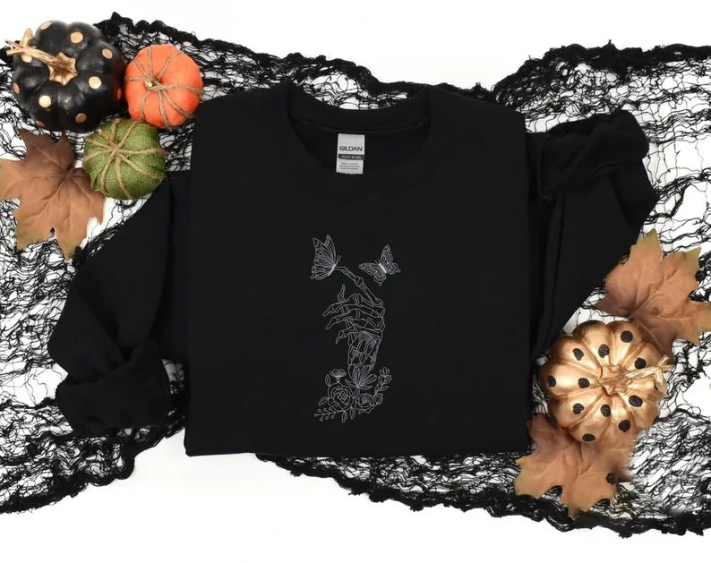 Floral Skeleton Hand Embroidered Sweater, Halloween Skeleton Hand & Butterfly Crewneck Sweatshirt, Spooky Season Halloween Jumper, Fall Tops