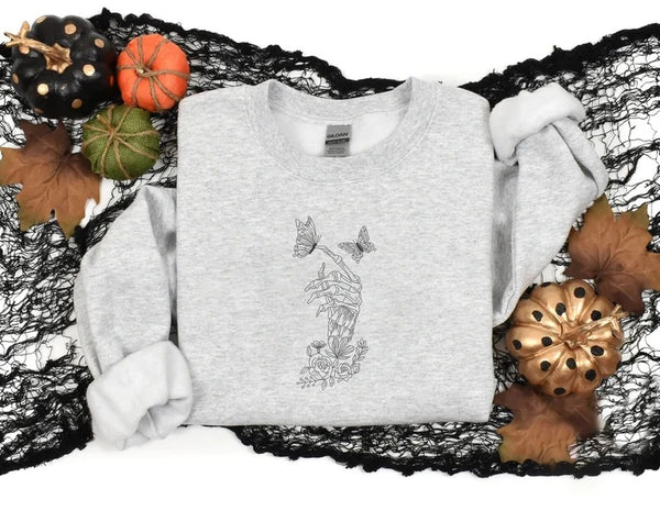 Floral Skeleton Hand Embroidered Sweater, Halloween Skeleton Hand & Butterfly Crewneck Sweatshirt, Spooky Season Halloween Jumper, Fall Tops