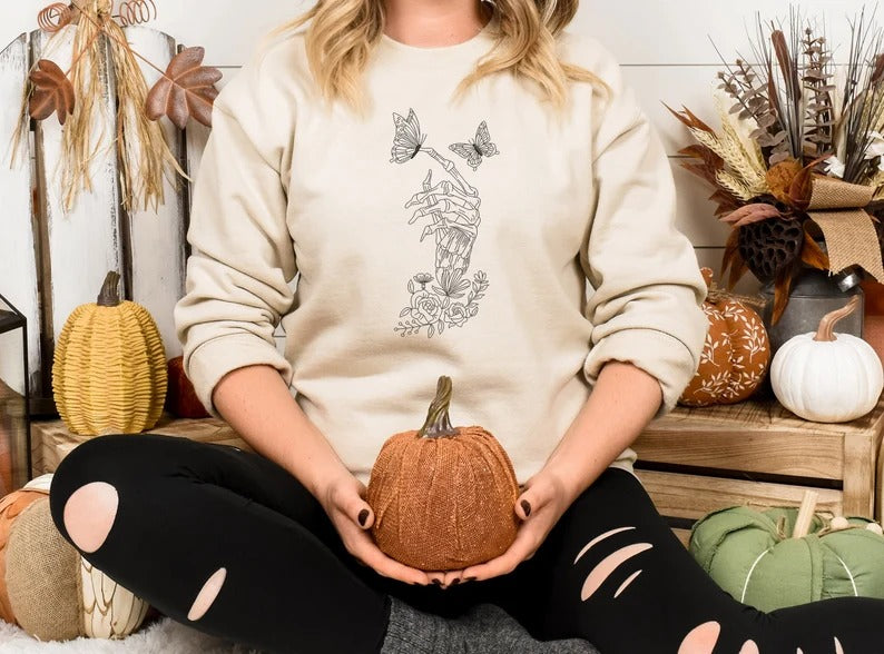 Floral Skeleton Hand Embroidered Sweater, Halloween Skeleton Hand & Butterfly Crewneck Sweatshirt, Spooky Season Halloween Jumper, Fall Tops