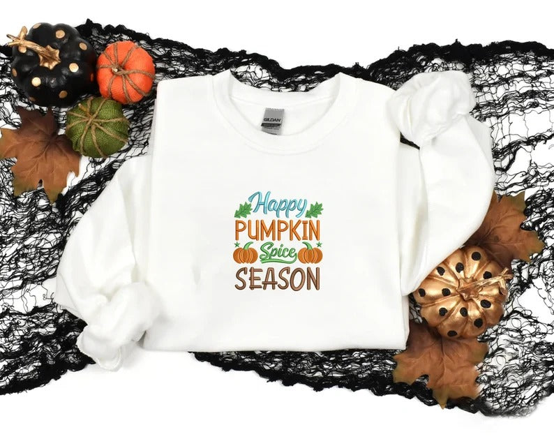 Happy Pumpkin Spice Season Sweatshirt, Embroidered Fall Quotes Spooky Season Retro Jumper, Fall Clothing, Halloween Outfit, Autumn Fall Gift