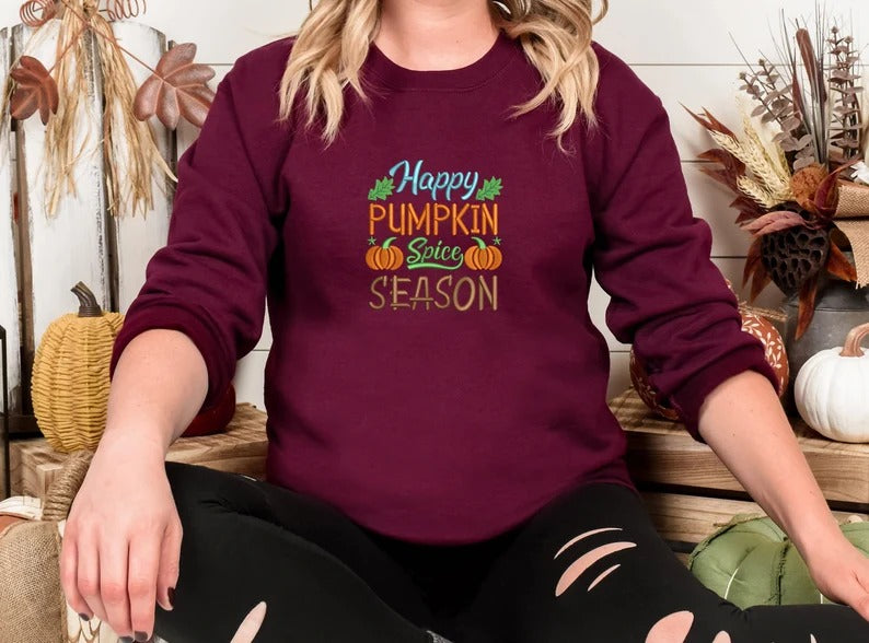 Happy Pumpkin Spice Season Sweatshirt, Embroidered Fall Quotes Spooky Season Retro Jumper, Fall Clothing, Halloween Outfit, Autumn Fall Gift