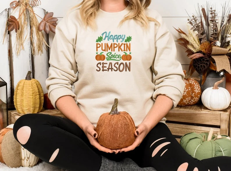 Happy Pumpkin Spice Season Sweatshirt, Embroidered Fall Quotes Spooky Season Retro Jumper, Fall Clothing, Halloween Outfit, Autumn Fall Gift