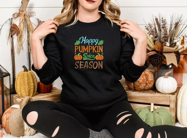 Happy Pumpkin Spice Season Sweatshirt, Embroidered Fall Quotes Spooky Season Retro Jumper, Fall Clothing, Halloween Outfit, Autumn Fall Gift