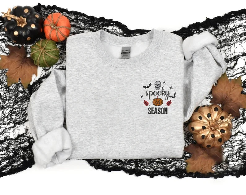 Spooky Season Embroidered Sweater, Vintage Halloween Pumpkin Gothic Monogram Sweatshirt, Trendy Autumn Fall Jumper, Halloween Night Gifts