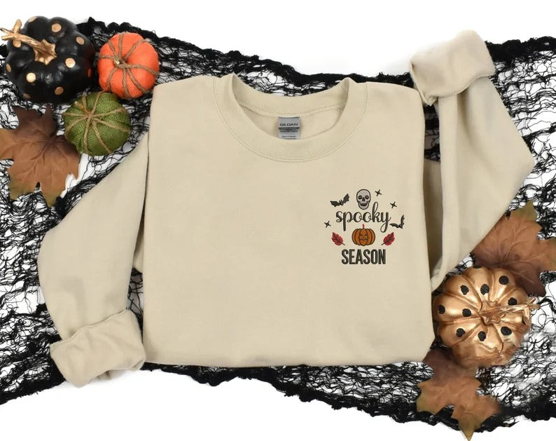 Spooky Season Embroidered Sweater, Vintage Halloween Pumpkin Gothic Monogram Sweatshirt, Trendy Autumn Fall Jumper, Halloween Night Gifts