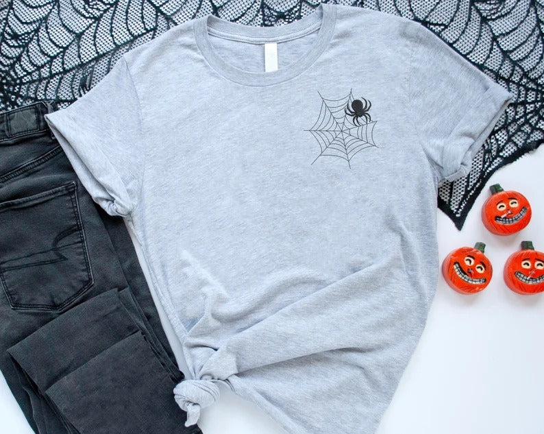 Halloween Tarantula Spider T Shirt, Embroidered Spider's Web Monogram Printed Tshirt, Fall Unisex Adult Tees, Family Matching Halloween Tops