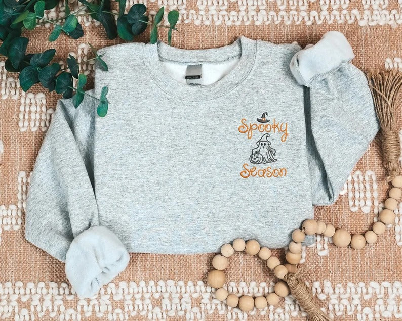 Embroidered Spooky Season Sweater, Halloween Ghost Monogram Sweatshirt, Autumn Fall Spooky Crewneck Jumper, Halloween Night Matching Outfits