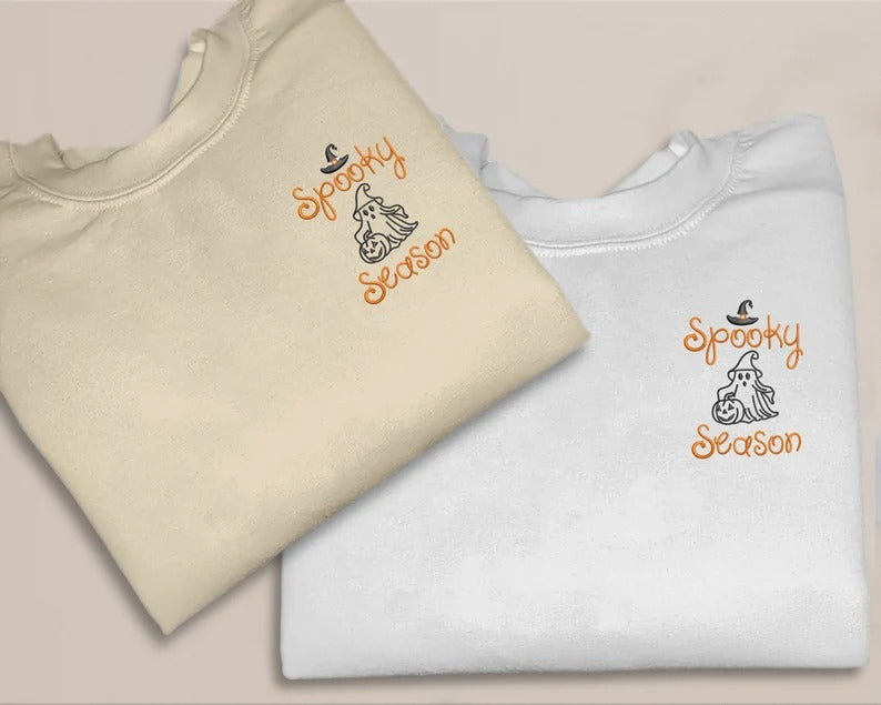 Embroidered Spooky Season Sweater, Halloween Ghost Monogram Sweatshirt, Autumn Fall Spooky Crewneck Jumper, Halloween Night Matching Outfits