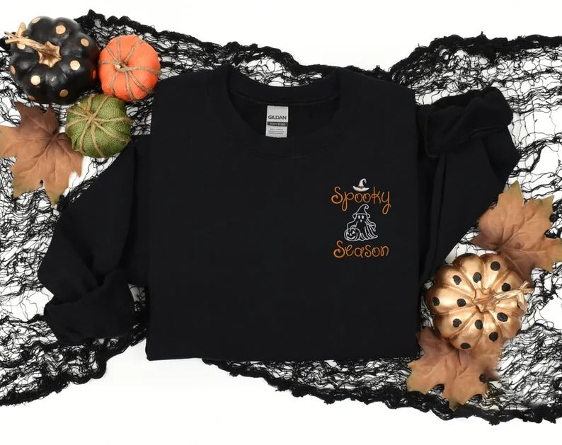 Embroidered Spooky Season Sweater, Halloween Ghost Monogram Sweatshirt, Autumn Fall Spooky Crewneck Jumper, Halloween Night Matching Outfits