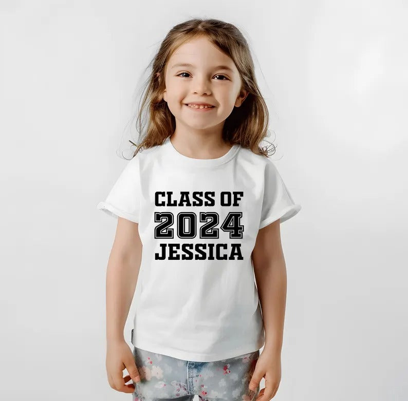 Class of 2024 Printed T-Shirt, Personalised Name Kids Shirts, First Day of School Crewneck Tees, Back to School Tops, School Starters Gift