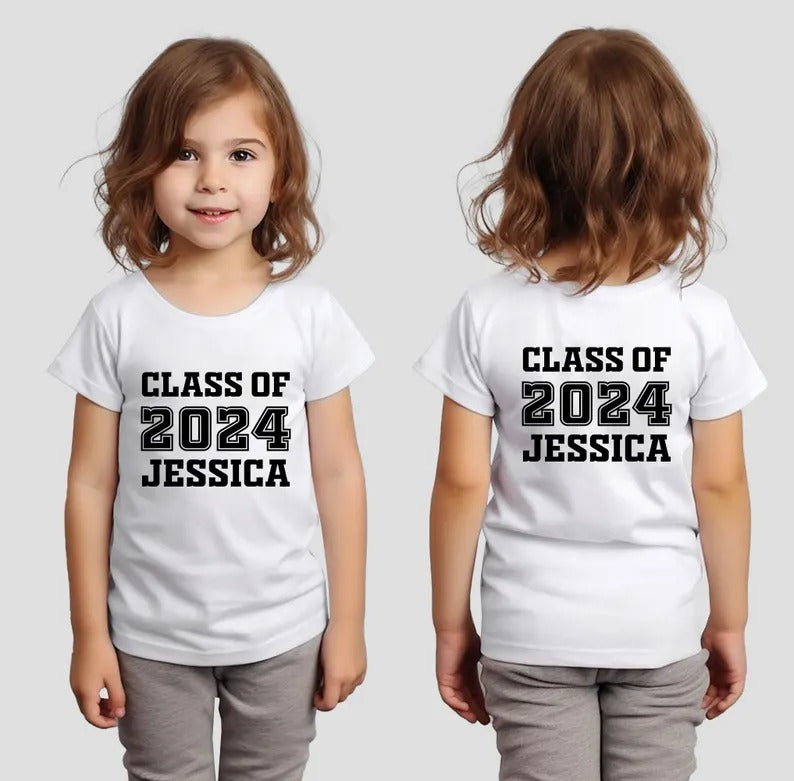 Class of 2024 Printed T-Shirt, Personalised Name Kids Shirts, First Day of School Crewneck Tees, Back to School Tops, School Starters Gift