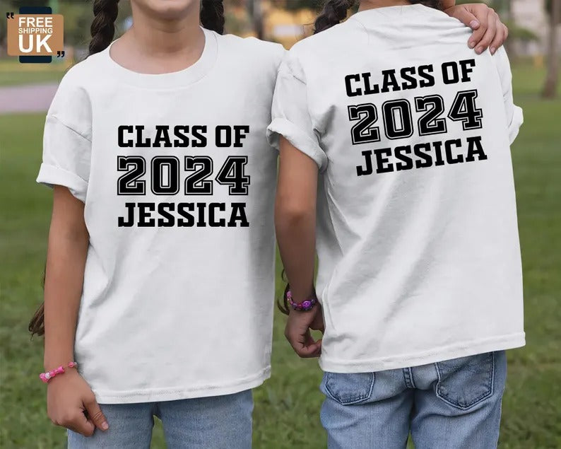 Class of 2024 Printed T-Shirt, Personalised Name Kids Shirts, First Day of School Crewneck Tees, Back to School Tops, School Starters Gift