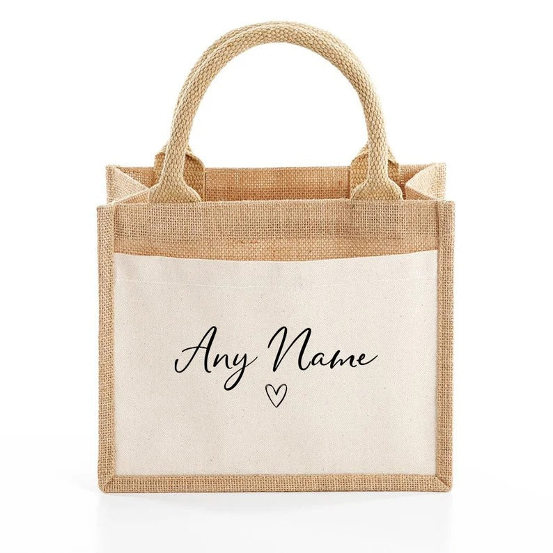 Personalized Jute Tote Bags, Custom Name Printed Lunch Bags, Minimalist Canvas Cotton Bag, Special Gifts for her, Hen Party Matching Boxes