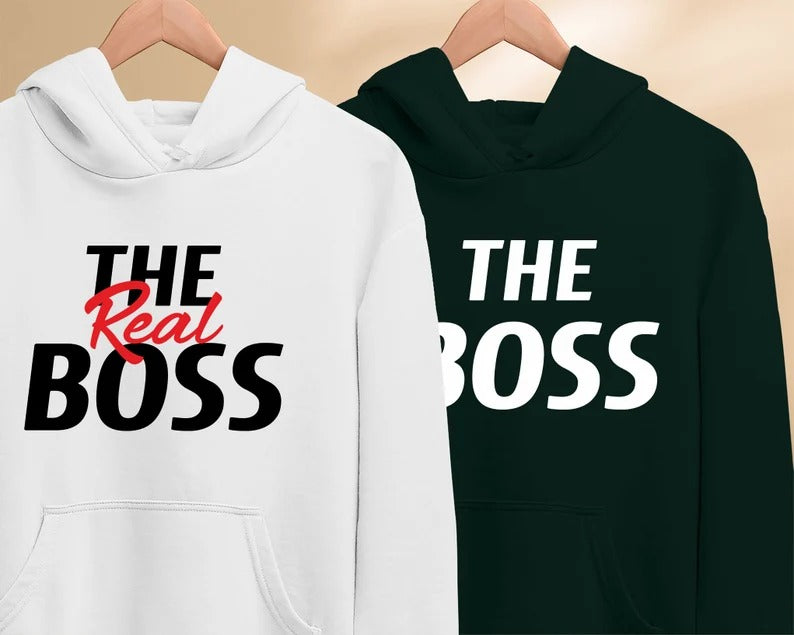 The Boss & Real Boss Couple Hoodie, Matching Hooded Sweatshirt, Funny Minimalistic Office Jumper, Cute Couple Anniversary Outfit, BF GF Gift