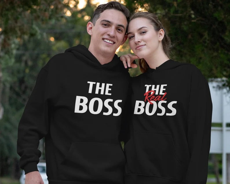 The Boss & Real Boss Couple Hoodie, Matching Hooded Sweatshirt, Funny Minimalistic Office Jumper, Cute Couple Anniversary Outfit, BF GF Gift