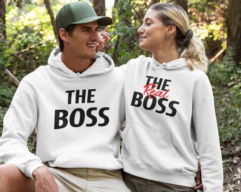 The Boss & Real Boss Couple Hoodie, Matching Hooded Sweatshirt, Funny Minimalistic Office Jumper, Cute Couple Anniversary Outfit, BF GF Gift