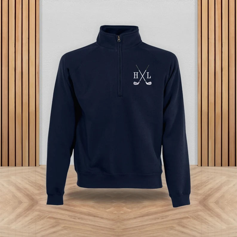 Personalised Initials Sweatshirt, Embroidered Golf Monogrammed Sports Quarter Zip Top, Comfort Color Stitched Golfers Jumper, Gifts for Dad