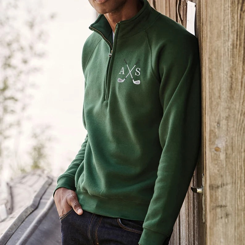 Personalised Initials Sweatshirt, Embroidered Golf Monogrammed Sports Quarter Zip Top, Comfort Color Stitched Golfers Jumper, Gifts for Dad