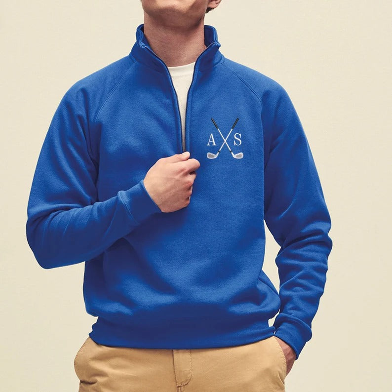 Personalised Initials Sweatshirt, Embroidered Golf Monogrammed Sports Quarter Zip Top, Comfort Color Stitched Golfers Jumper, Gifts for Dad