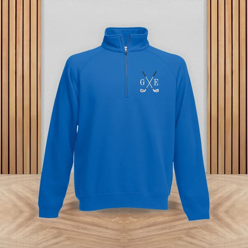 Personalised Initials Sweatshirt, Embroidered Golf Monogrammed Sports Quarter Zip Top, Comfort Color Stitched Golfers Jumper, Gifts for Dad