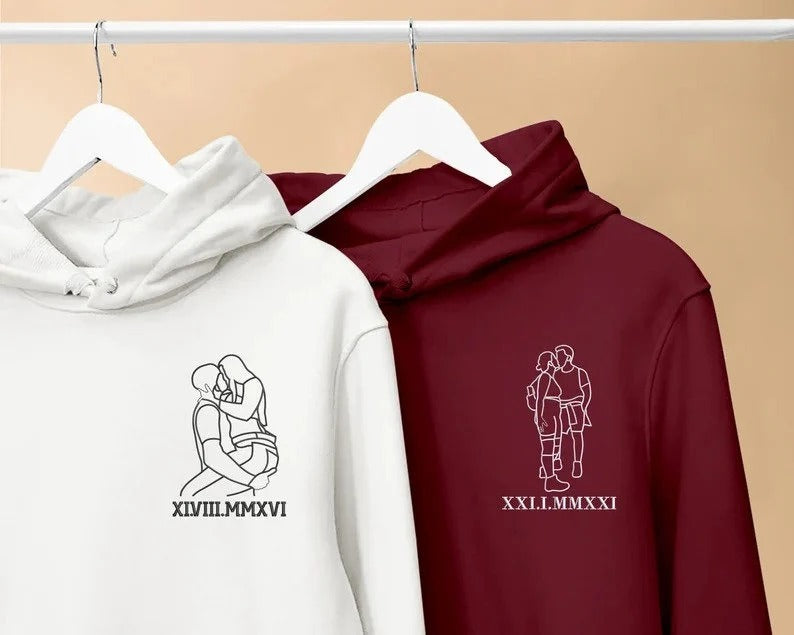 Embroidered Roman Numeral Hoodie, Personalised Sketch Photo Hoody, Valentine Couple Matching Anniversary Date Jumpers, Birthday Gift for her