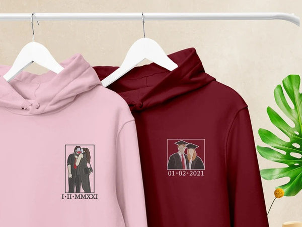 Custom Friends Photo Portrait Hoodie, Graduation Embroidered Sketch & Date Hoodie, Cute Friends Matching Jumper, Personalised Graduate Gift