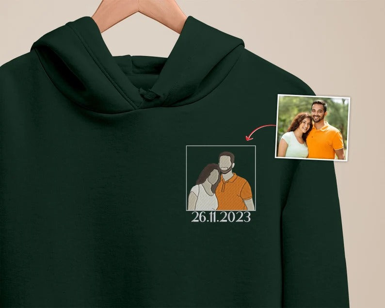 Custom Friends Photo Portrait Hoodie, Graduation Embroidered Sketch & Date Hoodie, Cute Friends Matching Jumper, Personalised Graduate Gift