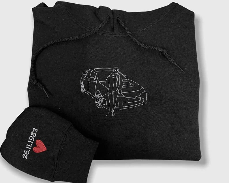 Embroidered Car Sketch Hoodies, Personalised Car Outline from Photo Hoody, Car Photo Boyfriend Jumpers, Car Lover Hoodies, Gift for Car Guys