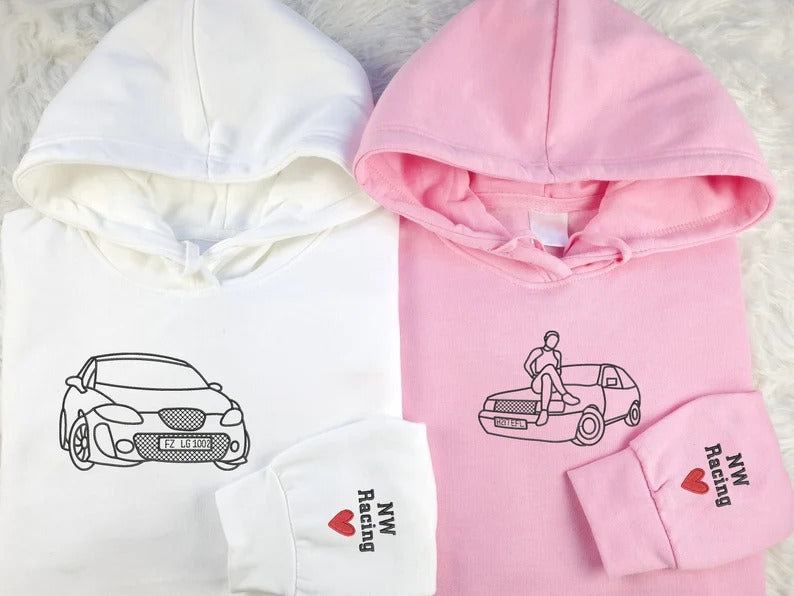 Embroidered Car Sketch Hoodies, Personalised Car Outline from Photo Hoody, Car Photo Boyfriend Jumpers, Car Lover Hoodies, Gift for Car Guys