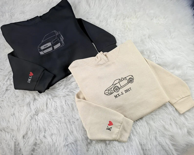 Embroidered Car Sketch Hoodies, Personalised Car Outline from Photo Hoody, Car Photo Boyfriend Jumpers, Car Lover Hoodies, Gift for Car Guys