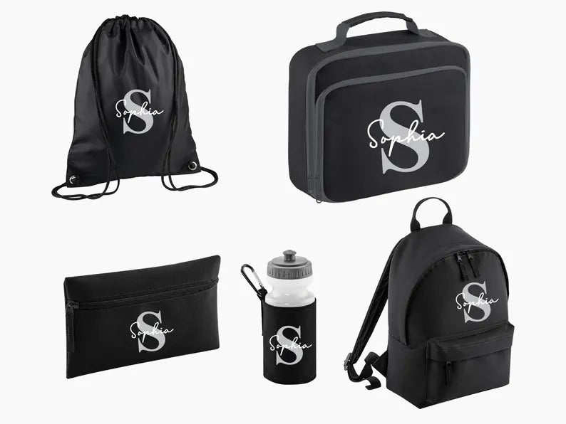 Personalised Name & Initial Backpack Set, Back to School Kids Bags, Lunch Bag Water Bottle and Pencil Case PE Bag Set, School Starters Gifts