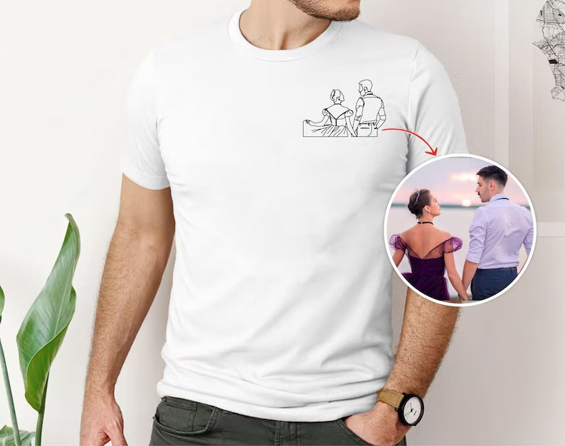 Personalized Couple Photo Portrait Shirt, Custom Faceless Printed Sketch T-Shirt, Family Portrait Matching Shirt, Best Birthday Gift for Him