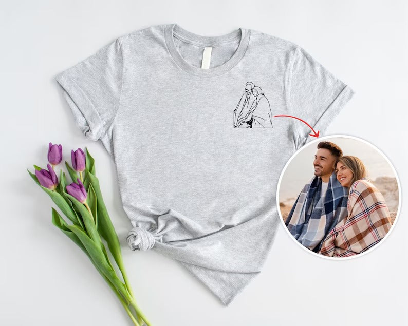 Personalized Couple Photo Portrait Shirt, Custom Faceless Printed Sketch T-Shirt, Family Portrait Matching Shirt, Best Birthday Gift for Him